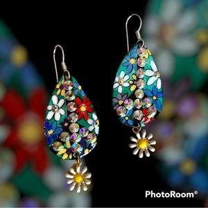 Handpainted, peace sign earrings, daisy flowers, sterling wires colors